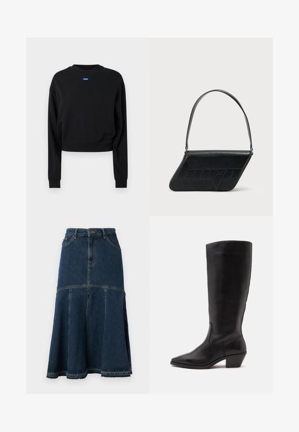 Sort cropped sweatshirt med lange ærmer og ribbede manchetter; har et blåt rektangulært logo mærke på forsiden nær halsudskæringen.; Denimnederdel i mørkeblå med en udvidet form, der har høj talje, forlommer og en rå kant. Slidt tekstur og syning detaljer.; Sort læderstøvle til midtkalv med spids tå og lavt skråt hæl på en enkel lys baggrund.; Sort skuldertaske i læder med trekantet form, præget logo og en enkelt justerbar rem. Minimalistisk design med glat tekstur.