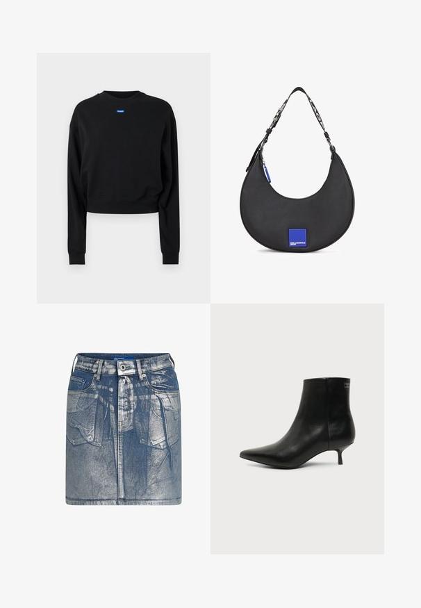 Schwarzes, kurz geschnittenes Sweatshirt mit langen Ärmeln und gerippten Bündchen; auf der Vorderseite in der Nähe des Halsausschnitts befindet sich ein blauer rechteckiger Logo-Aufnäher.; Jeans-Minirock in hellblau mit einem ausgewaschenen Finish. Mit Fronttaschen, Gürtelschlaufen und einem Metallknopf-Verschluss ausgestattet. Sichtbare Nähdetails.; Schwarzer Leder-Knöchel-Stiefel mit spitzer Spitze und niedrigem Kittenabsatz vor hellem Hintergrund, seitliche Ansicht.; Schwarze Leder-Schultertasche mit geschwungenem Silhouette, versehen mit einem blauen quadratischen Logoakzent und einem kontrastierenden Riemen mit Text.