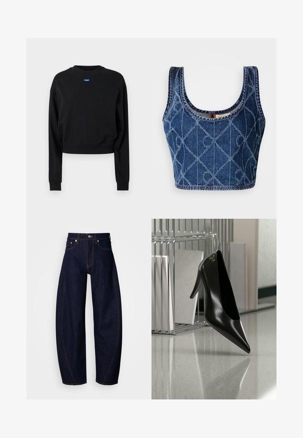Sort cropped sweatshirt med lange ærmer og ribbede manchetter; har et blåt rektangulært logo mærke på forsiden nær halsudskæringen.; Denim crop top med en rund udskæring, der har et diamantmønster syet i lysere blå, og afsluttede kanter med kontrasttråd.; Mørkeblå denimjeans med løs pasform, højtaljet, med orange syninger, klassisk femlomme-design og knaplukning.; Sort højhælet sko med spids tå og guldlogo, placeret på en reflekterende overflade nær en krom trådfilholder med dokumenter.