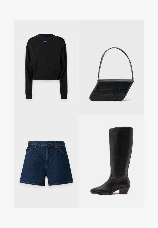 Zwarte cropped sweatshirt met lange mouwen en geribbelde manchetten; beschikt over een blauw rechthoekig logolabel aan de voorkant bij de halslijn.; Donkerblauwe denim shorts. Voorzien van een klassieke snit met een tailleband, voorzakken en zichtbare naden. Soepele textuur, minimalistisch ontwerp.; Zwarte leren laars tot half op de kuit met een puntige neus en een lage schuine hak op een effen lichte achtergrond.; Zwarte leren schoudertas met een driehoekige vorm, geperst logo en een enkele verstelbare riem. Minimalistisch ontwerp met een gladde textuur.