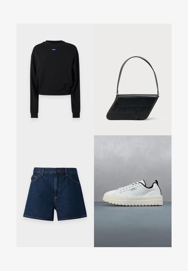 Zwarte cropped sweatshirt met lange mouwen en geribbelde manchetten; beschikt over een blauw rechthoekig logolabel aan de voorkant bij de halslijn.; Donkerblauwe denim shorts. Voorzien van een klassieke snit met een tailleband, voorzakken en zichtbare naden. Soepele textuur, minimalistisch ontwerp.; Witte leren sneaker met een chunky, gestructureerde zool met een gezaagd ontwerp. Zwarte accenten op de hak en de tong zorgen voor contrast.; Zwarte leren schoudertas met een driehoekige vorm, geperst logo en een enkele verstelbare riem. Minimalistisch ontwerp met een gladde textuur.