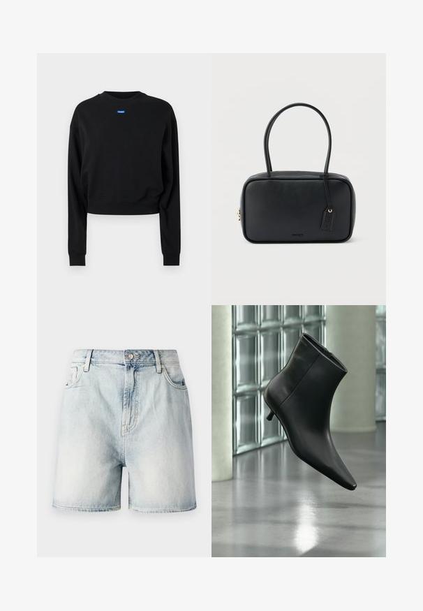Sort cropped sweatshirt med lange ærmer og ribbede manchetter; har et blåt rektangulært logo mærke på forsiden nær halsudskæringen.; Lyseblå denimshorts med knaplukning, fem lommer og en falmet struktur. Lige snit med et klassisk design.; Sort læderankelstøvle med spids tå og lav kitten-hæ, vist vinklet mod en poleret gulv- og glasblokvæg.; Sort rektangulær håndtaske med dobbelte runde håndtag, gylden lynlås og præget "HUGO"-logo foran med fastgjort lædermærke.