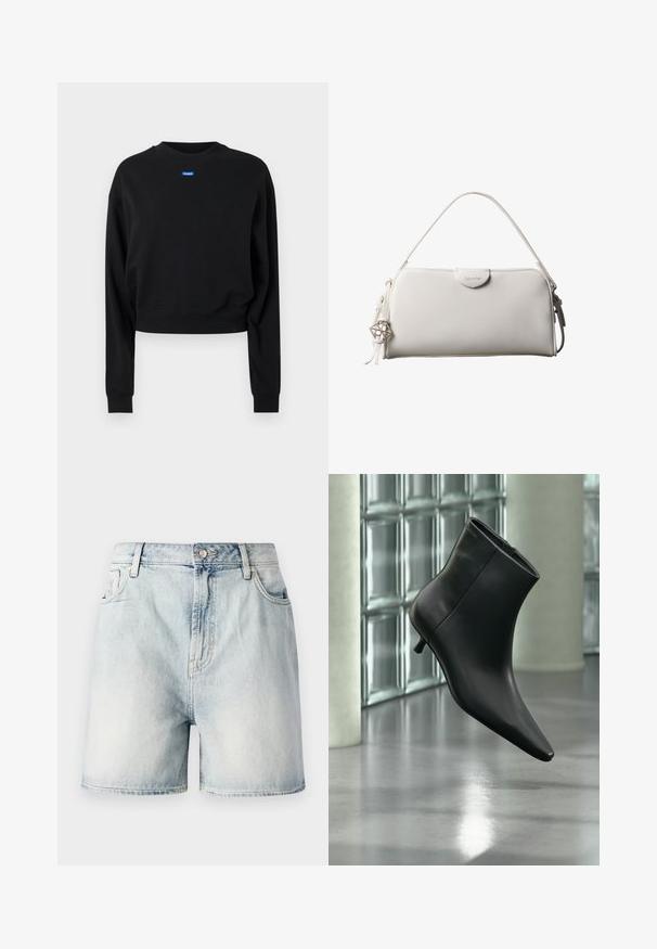 Sort cropped sweatshirt med lange ærmer og ribbede manchetter; har et blåt rektangulært logo mærke på forsiden nær halsudskæringen.; Lyseblå denimshorts med knaplukning, fem lommer og en falmet struktur. Lige snit med et klassisk design.; Sort læderankelstøvle med spids tå og lav kitten-hæ, vist vinklet mod en poleret gulv- og glasblokvæg.; Hvid rektangulær Calvin Klein håndtaske med enkelt håndtag, minimalistisk design og dekorative kvaster med geometrisk metalvedhæng på siden.