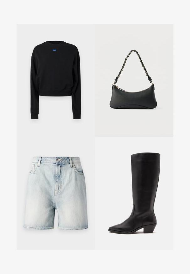 Zwarte cropped sweatshirt met lange mouwen en geribbelde manchetten; beschikt over een blauw rechthoekig logolabel aan de voorkant bij de halslijn.; Lichtblauwe denim shorts met een knoopsluiting, vijf zakken en een vervaagde textuur. Rechte pasvorm met een klassiek ontwerp.; Zwarte leren laars tot half op de kuit met een puntige neus en een lage schuine hak op een effen lichte achtergrond.; Zwarte lederen schoudertas met een gebogen rechthoekige vorm, gouden ketting verweven in een gevlochten zwarte band, en een ritssluiting bovenop.
