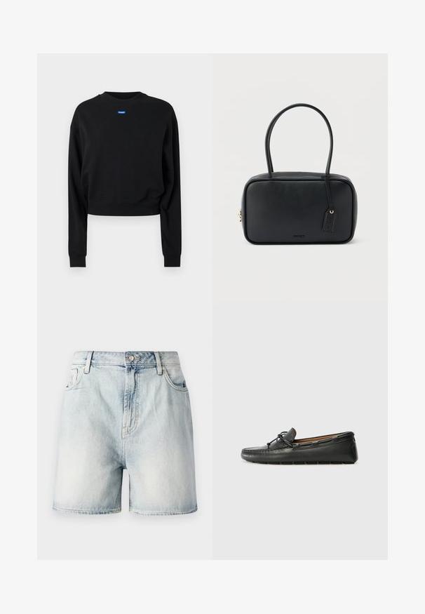 Zwarte cropped sweatshirt met lange mouwen en geribbelde manchetten; beschikt over een blauw rechthoekig logolabel aan de voorkant bij de halslijn.; Lichtblauwe denim shorts met een knoopsluiting, vijf zakken en een vervaagde textuur. Rechte pasvorm met een klassiek ontwerp.; Zwarte leren bootshoe met een ronde neus, gestikte details, een kleine strikaccent en een rubberen zool. Soepele textuur en gestroomlijnd ontwerp.; Zwarte rechthoekige handtas met dubbele afgeronde handvaten, gouden ritssluiting en geperst "HUGO" logo aan de voorkant met een aangehecht lederen label.