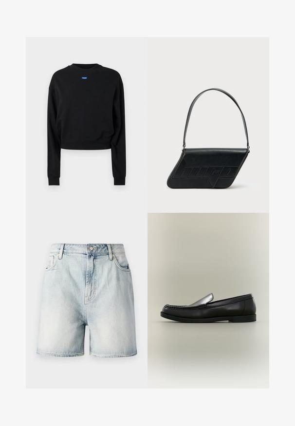 Zwarte cropped sweatshirt met lange mouwen en geribbelde manchetten; beschikt over een blauw rechthoekig logolabel aan de voorkant bij de halslijn.; Lichtblauwe denim shorts met een knoopsluiting, vijf zakken en een vervaagde textuur. Rechte pasvorm met een klassiek ontwerp.; Zwarte leren loafer met moc toe-stiksels, lage hak en instapontwerp tegen een neutrale achtergrond.; Zwarte leren schoudertas met een driehoekige vorm, geperst logo en een enkele verstelbare riem. Minimalistisch ontwerp met een gladde textuur.