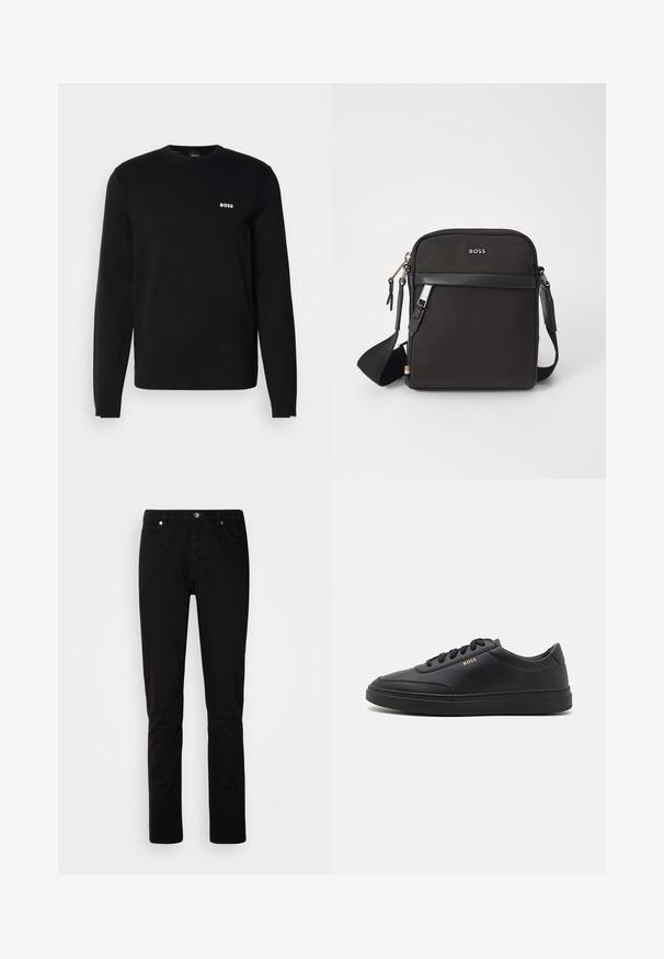 Sort langærmet sweater i ribbet design med rund halsudskæring og en hvid "BOSS"-logo på brystet. Blødt strikket stof.; Sorte jeans med lige ben med foran knap- og lynlåslukning, for- og baglommer, vist på en lys ensartet baggrund.; Sorte lædersneakers med en glat overflade, rund tå, flad gummisål og tonede snørebånd. Udstyret med guld "BOSS" branding på siden.; Sort crossbody taske med et struktureret stof, logo på fronten, lynlås lukning og justerbar rem. Har en glat læderkant.