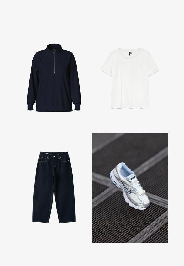 Marinepullover mit hohem Kragen, halbem Reißverschluss vorne und Raglanärmeln. Weicher Stoff mit lockerer Passform und gerippten Bündchen.; Weißes T-Shirt mit kurzen Ärmeln und rundem Ausschnitt, hergestellt aus leichtem Stoff. Schlichtes Design, glatte Textur und gerader Saum.; Dunkelblaue Jeans mit weitem Bein, fünf Taschen, Knopfverschluss und Kontrastnähten auf weißem Hintergrund.; Weiße Mesh-Sportschuhe mit silbernen Akzenten, hellblauer Naht und einem schwarzen Swoosh-Logo. Verfügen über einen gepolsterten Schaft und eine strukturierte Sohle.