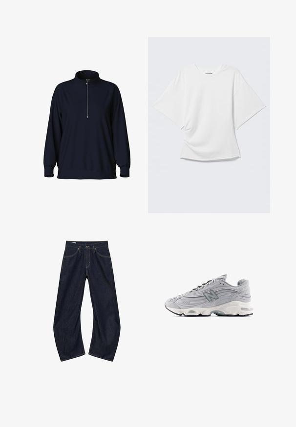 Marinepullover mit hohem Kragen, halbem Reißverschluss vorne und Raglanärmeln. Weicher Stoff mit lockerer Passform und gerippten Bündchen.; Weißes kurzärmeliges Oversized T-Shirt mit Rundhalsausschnitt, dargestellt vor hellem grauem Hintergrund.; Dunkelblaue Jeans mit weitem Bein, Vordertaschen, Gürtelschlaufen und Knopfverschluss, flach auf weißem Hintergrund ausgelegt.; Grauer Sportschuh mit Obermaterial aus Wildleder und Netzstoff, strukturiertem Design, schwarzer Sohle, reflektierenden Akzenten und einem markanten „N“-Logo an der Seite.