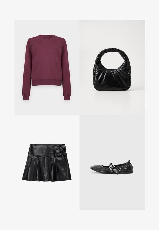 Maronfarvet crewneck sweatshirt med små subtile hjerte mønstre, ribbede manchetter og kant, vist på en ensfarvet baggrund.; Sort læderskirt med pliser, bred talje og to spænde-accenter på siden. Glat tekstur med en blank finish.; Sorte læder flade sko med spids tå, samling detaljer omkring åbningen, og en sølv spænde accent på den justerbare rem.; Sort polstret håndtaske med et rundt håndtag, der har en glat, skinnende overflade og en blød, kviltet tekstur. Ingen synlige hardware eller accenter.