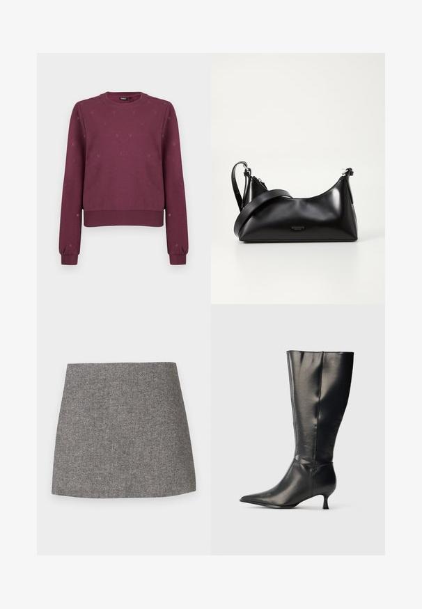 Sweatshirt rouge bordeaux à col ras du cou avec de petits motifs de cœurs subtils, poignets et ourlet côtelés, présenté sur un fond uni.; Jupe à motif chevrons en tissu gris, présentant une silhouette ajustée avec une texture lisse et un ourlet droit et net.; Botte en cuir noire montant jusqu'au genou, avec un bout pointu et un petit talon bas, présentée sur un fond clair uni.; Sac à main en cuir noir avec une texture lisse. Dispose d'une bandoulière adjustable et d'un design élégant et minimaliste avec une fermeture éclair.