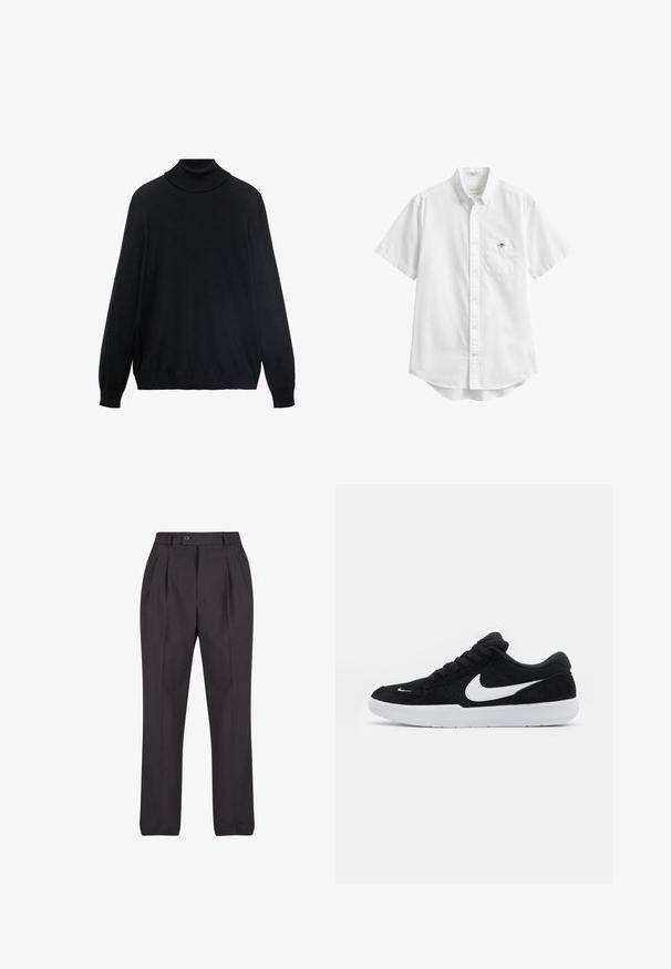 Suéter negro de cuello alto con un collar ajustado, mangas largas y puños y dobladillo de canalé. Fabricado con una tela suave y elástica de textura lisa.; Camisa blanca de manga corta con botones, con bolsillo en el pecho que presenta un pequeño logo bordado y cuello con botones.; Pantalones negros ajustados hechos de tela suave, con pliegues frontales, cierre de un solo botón y patas rectas sin patrones visibles.; Zapatillas de ante negras con acentos blancos, con una puntera redondeada, suela blanca gruesa y cordones negros. Logotipo de Nike en blanco prominente en el costado.