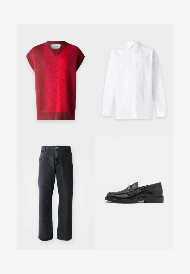 Suéter rojo de manga corta con escote en V. Textura suave que presenta un degradado de rojo oscuro a rojo claro. Diseño minimalista, sin herrajes visibles.; Camisa blanca de manga larga con botones y cuello clásico, exhibida sobre un fondo liso y claro.; Jeans de mezclilla negra de corte recto, con cierre de botón, cinco bolsillos y una textura sutil. Diseño clásico sin patrones prominentes.; Mocasines de cuero negro con punta redondeada, que cuentan con un detalle de herrajes dorados y costuras, situados sobre una suela de goma texturizada y baja.