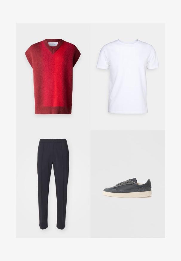Rode, kortpols trui met een V-hals. Zachte textuur met een verloop van donker naar lichtrood. Minimalistisch ontwerp, geen zichtbare bevestigingsmiddelen.; Witte katoenen t-shirt met korte mouwen en een ronde hals. Eenvoudig ontwerp zonder patronen of accenten. Glad textuur.; Marineblauwe broek met een op maat gemaakt ontwerp, vlakke voorkant en twee voorplooien. Gemaakt van een gladde stof met een standaard tailleband en knoopsluiting.; Donkere grijze sneakers van leer en suède met een laag model, voorzien van een crèmekleurige rubberen zool en platte veters.