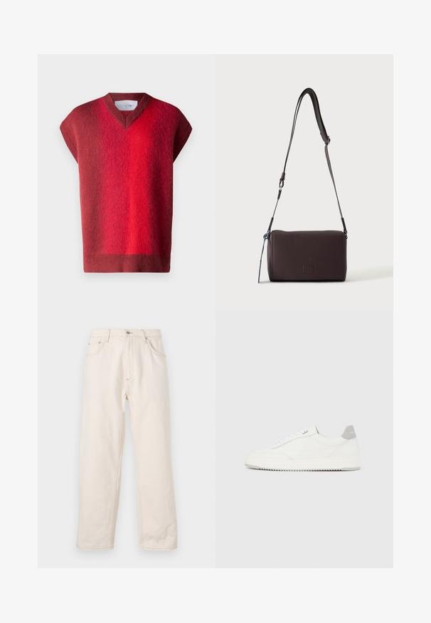 Rode, kortpols trui met een V-hals. Zachte textuur met een verloop van donker naar lichtrood. Minimalistisch ontwerp, geen zichtbare bevestigingsmiddelen.; Beige rechte jeans gemaakt van denim, met een knoopsluiting, vijf zakken en zichtbare stikseldetails. Gladde textuur.; Witte lage sneaker met grijze hielpatch, witte veters en een gestructureerde zool, gepresenteerd op een effen lichte achtergrond.; Donkerbruine gestructureerde leren crossbodytas met verstelbare riem en klein decoratief blauw accent aan de zijkant.