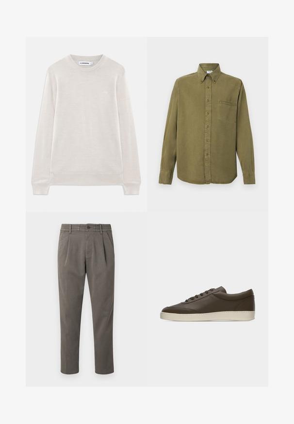 Pull en laine beige clair à manches longues avec un col ras du cou, poignets et ourlet côtelés, un logo discret sur la poitrine gauche et une étiquette J.Lindeberg à l'intérieur du col.; Chemise boutonnée à manches longues de couleur vert olive avec un col pointu et une poche poitrine unique sur le côté gauche.; Pantalon gris ajusté en tissu lisse ; doté d'une fermeture à boutons, de passants pour ceinture et de deux plis à l'avant pour plus de détails.; Baskets basses en cuir marron foncé avec lacets sur le devant et semelle en caoutchouc couleur crème, vues de côté extérieur sur fond blanc.
