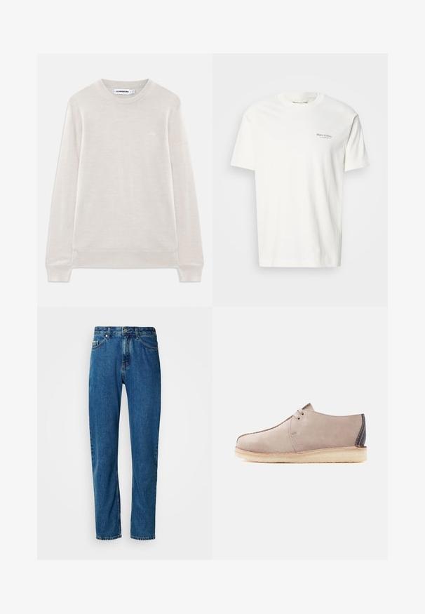 Lys beige langærmet crewneck sweater med ribbede manchetter og kant, subtilt logo på venstre bryst og J.Lindeberg-label indeni kraven.; Bomulds T-shirt med rund hals i off-white med korte ærmer. Har et lille gråt logo på brystet. Glat tekstur og klassisk pasform.; Blå lige ben denim jeans med fem lommer og frontlukning med knap på en hvid baggrund.; Beige ruskind casual sko med to snørehuller, crepesål og mørkebrun hæl lap, vist i sideprofil på hvid baggrund.