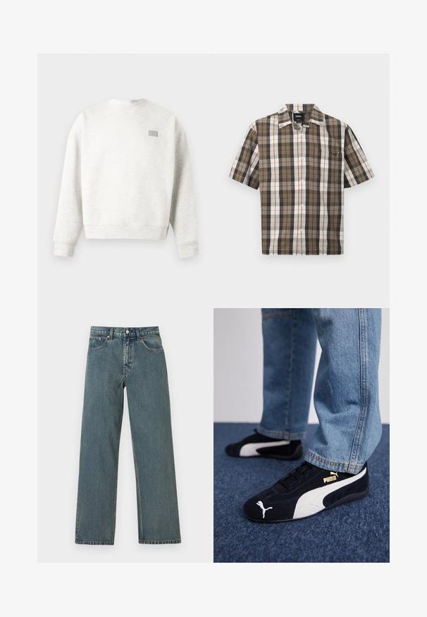 Sweat-shirt à col ras du cou gris clair avec manches longues et un petit patch rectangulaire sur la partie supérieure gauche de la poitrine.; Chemise à manches courtes avec boutons, motif à carreaux marron, blanc et noir, et une poche poitrine avant, posée à plat sur un fond clair.; Jean denim bleu à coupe droite avec cinq poches, fermeture par bouton et passants pour ceinture sur un fond clair uni.; Baskets en daim noir avec accents blancs, arborant un logo doré. Portées avec un jean en denim bleu clair et posées sur une surface bleue texturée.
