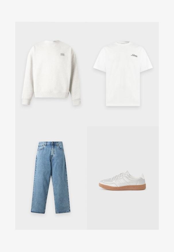 Sweat-shirt à col ras du cou gris clair avec manches longues et un petit patch rectangulaire sur la partie supérieure gauche de la poitrine.; T-shirt blanc à manches courtes et col rond avec un petit texte noir indiquant "Chair's MID CENTURY MODERN" sur la partie supérieure gauche de la poitrine.; Jean en denim bleu clair avec taille haute, jambes larges et droites, bouton sur le devant, fermeture éclair et design à cinq poches.; Baskets argentées avec une texture lisse, un design à lacets, des accents perforés et une semelle en caoutchouc marron texturé.