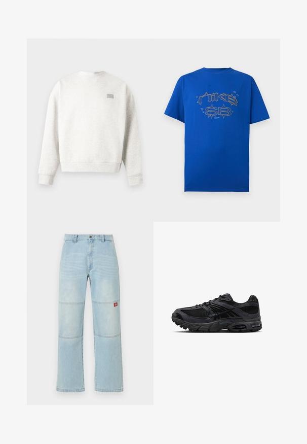 Sweat-shirt à col ras du cou gris clair avec manches longues et un petit patch rectangulaire sur la partie supérieure gauche de la poitrine.; T-shirt bleu à manches courtes avec le texte stylisé « Nike SB » et de petites étoiles orange sur le devant.; Jean en denim bleu clair à jambes larges avec des détails aux panneaux des genoux et un petit patch logo rectangulaire rouge sur la cuisse droite.; Chaussure de course Nike noire et gris foncé avec tissu en mesh, empiècements en daim, semelle amortie et unités d'air visibles au talon et à l'avant-pied.
