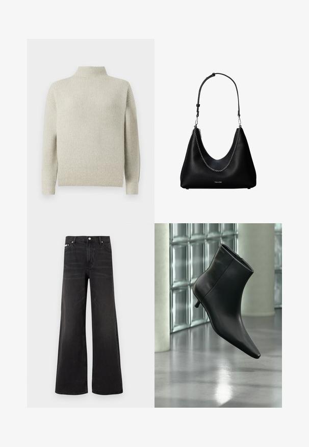 Pull en cachemire côtelé gris clair avec des manches longues et une coupe décontractée. Tissu tricoté texturé avec des manches et un ourlet à revers.; Jean en denim noir à jambes larges avec fermeture avant par bouton et zip, passants pour ceinture, et style cinq poches.; Bottine en cuir noir à bout pointu et petit talon kitten, présentée en angle devant un sol poli et un mur en blocs de verre.; Sac à main en cuir noir avec un détail en chaîne argentée et une bandoulière réglable, arborant le logo Calvin Klein à l'avant.