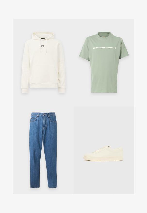 Krémová mikina s kapucňou, predným vreckom a sťahovacou šnúrkou, s malým čiernym logom "EA7 Emporio Armani" na strede hrude.; Svetlozelené tričko s krátkym rukávom a okrúhlym výstrihom, s bielym logom EMPORIO ARMANI cez hrudník, zobrazené na jednoduchom pozadí.; Modré rifle s rovnými nohavicami, zapínaním na gombík a zips, s prednými vreckami a pútkami na opasok, zobrazené na bielom pozadí.; Sneaker krémovej farby s hladkým koženým zvrškom, zaoblenou špičkou, šnurovačkou vpredu a textúrovanou gumovou podrážkou. Minimalistický dizajn, bez loga.