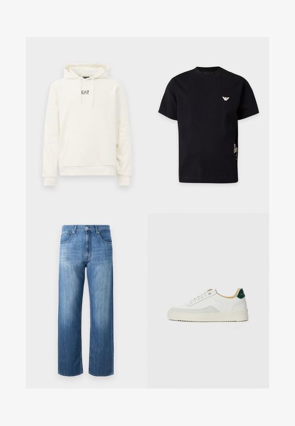 Sudadera color crema con bolsillo frontal, capucha con cordón y pequeño logo negro "EA7 Emporio Armani" en el centro del pecho.; Camiseta negra de manga corta con un pequeño logo blanco en el lado izquierdo del pecho y detalle parcial en escritura blanca en el lado derecho.; Vaqueros azul rectos con bolsillos delanteros, trabillas para cinturón, cierre de botón y sutiles zonas descoloridas en muslos y rodillas.; Zapatilla blanca con acentos de ante, puntera redondeada, cordones planos y suela de goma color crema. Presenta un logo verde en el talón.