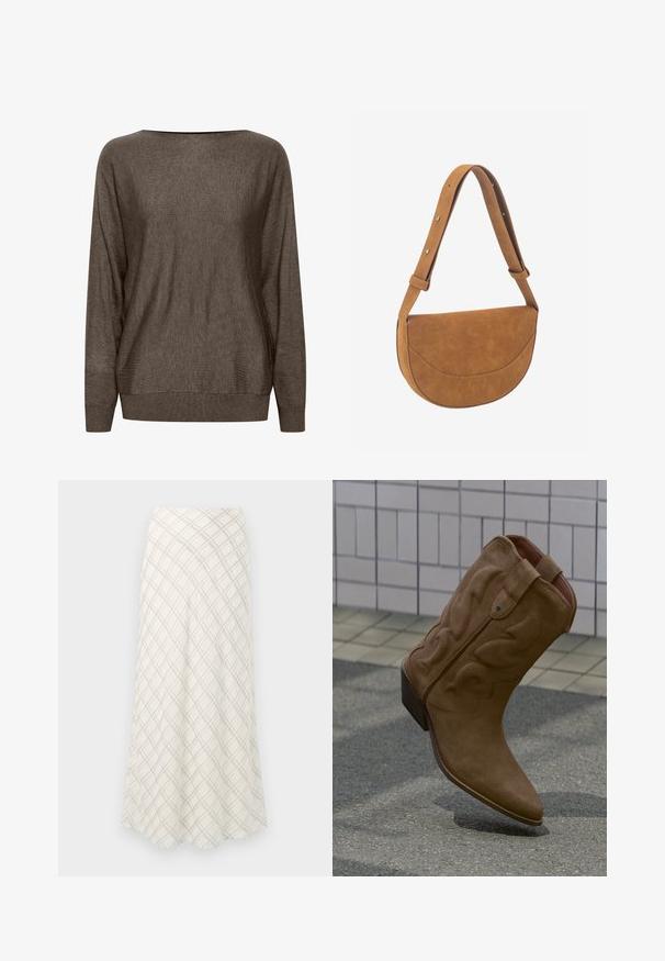 Pull en tricot brun avec un large décolleté, des manches longues et des bords côtes au niveau des poignets et de l'ourlet. Texture douce avec un motif minimal.; Jupe longue de couleur crème avec un motif à carreaux diagonal gris. Design fluide avec une texture lisse, s'évasant vers l'ourlet.; Botte de cowboy en daim marron avec une couture décorative et un talon empilé, positionnée droite sur un sol carrelé extérieur.; Sac à bandoulière en cuir marron demi-lune avec sangle ajustable et rabat de poche avant cousu, embossé du logo "HVISK".