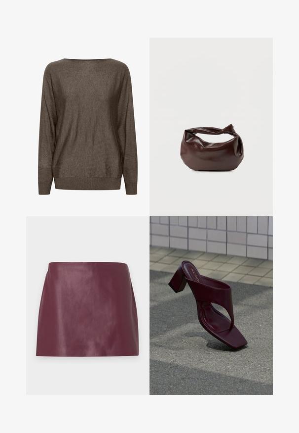 Pull en tricot brun avec un large décolleté, des manches longues et des bords côtes au niveau des poignets et de l'ourlet. Texture douce avec un motif minimal.; Mini jupe en cuir bordeaux lisse avec une coupe droite et sans embellissements ni fermetures visibles.; Sandale à talon haut rouge foncé avec un bout carré et une large bride, positionnée sur un fond de surface carrelée et asphaltée.; Sac bandoulière en cuir marron foncé avec une forme souple et décontractée et une anse nouée torsadée sur un fond blanc uni.