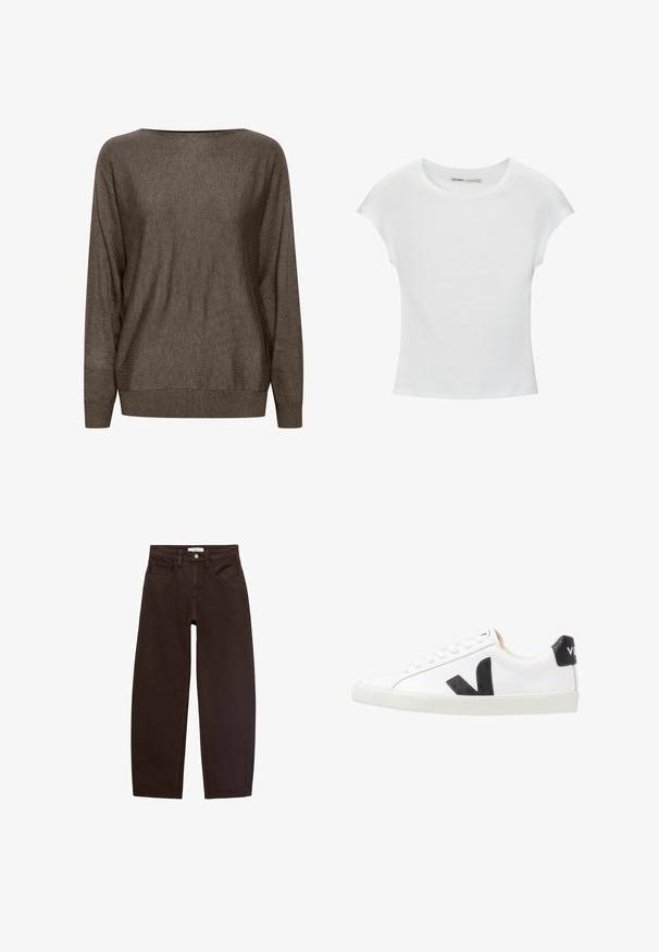 Brun strikket sweater med bred halsudskæring, lange ærmer og ribbede manchetter og kant. Blød tekstur med minimal mønster.; Hvid bomuld t-shirt med korte, opsmøgede ærmer, rund halsudskæring og lige kant. Glat tekstur uden synlige mønstre eller detaljer.; Brune denim jeans med en afslappet pasform, der har fem lommer, bæltestropper og en klassisk lynlås. Glat tekstur og lige ben design.; Hvide sneakers med et sort V-logo, der har en glat læderoverdel, rund tå, snørrelukning og en kontrasterende sort hælflap.