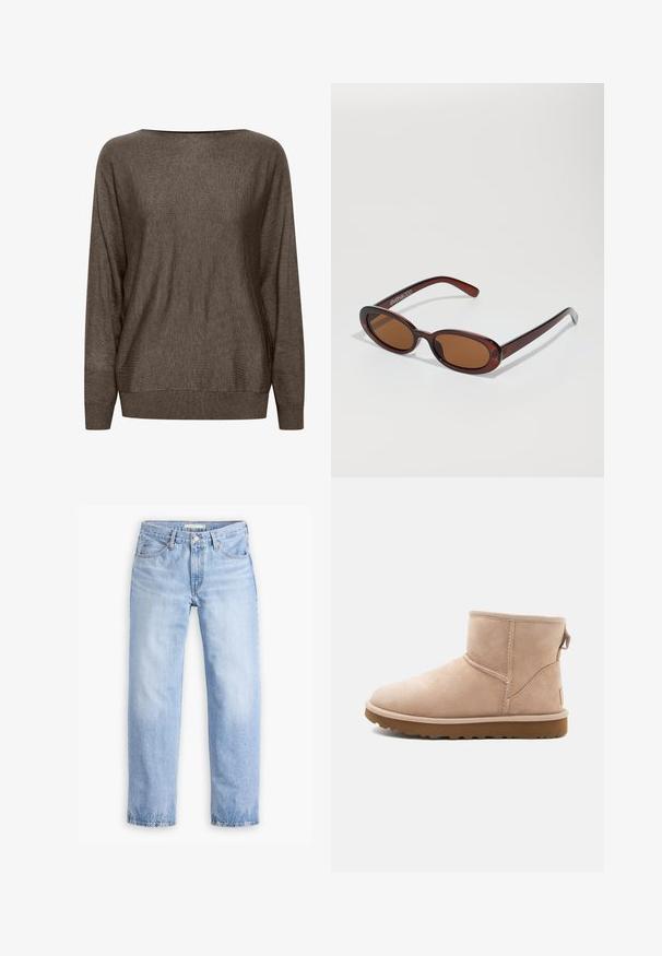 Brun strikket sweater med bred halsudskæring, lange ærmer og ribbede manchetter og kant. Blød tekstur med minimal mønster.; Lyseblå denimjeans med en lige ben-design, fem lommer og en mellemhøj talje. Har en falmet struktur og håndsyet kant.; Beige ruskindsankelstøvle med rund tå, synlige sting og en tekstureret brun gummisål. Har en træksløjfe på bagsiden.; Runde, bruntonede solbriller med en glansfuld bordeauxramme. Slanke arme med diskret brandingdetalje. Flad linsedesign.