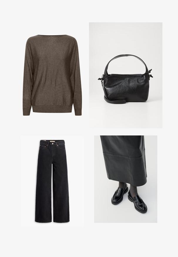 Brun strikket sweater med bred halsudskæring, lange ærmer og ribbede manchetter og kant. Blød tekstur med minimal mønster.; Sorte brede benjeans lavet af denim, med fem lommer, kobbernitter og en klassisk knaplukning. Glat tekstur med et rent design.; Sorte læder loafers med en glat finish, prydet med en dekorativ rem, rund tå og tekstureret sål. Båret med en lang sort læderskirt.; Sort læderhåndtaske med et struktureret design, rund tophåndtag og aftagelig skulderrem. Den har en glat tekstur og en subtil glans.