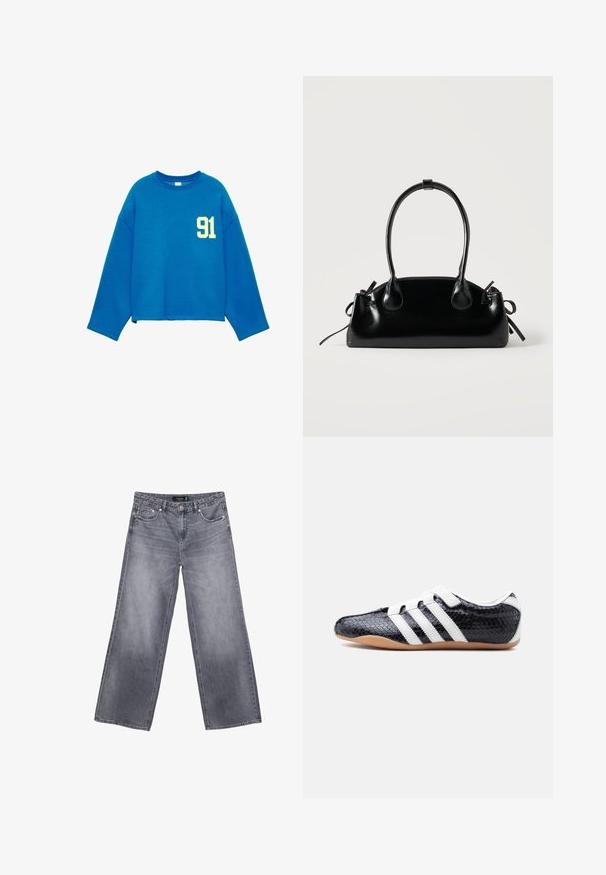 Blå langærmet sweatshirt med rund hals og gult nummer 91 trykt på venstre bryst.; Bredde ben grå denim jeans med en falmet finish, knaplukning og fem-lomme design. Har dobbeltstikseams og hardware i sølvfarve.; Sort sneaker med hvide striber og velcrolukninger, tekstureret overflade og sål i gummigummi, vist fra siden på en hvid baggrund.; Lille sort blank håndtaske med to lange håndtag og snøre-detaljer i siden på en ensfarvet lys baggrund.