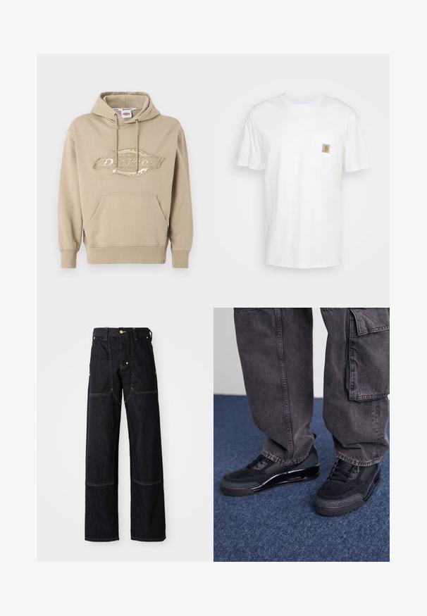 Hoodie beige avec une poche kangourou, capuche à cordon de serrage et logo "Dickies" brodé à l'avant. Matière en coton doux, manches côtelées.; T-shirt en coton blanc à manches courtes, avec une poche poitrine et un petit patch logo carré en orange et blanc sur la poche.; Pantalon en denim bleu foncé avec une coupe droite, doté de coutures jaunes et de poches avant. Le tissu semble solide et texturé.; Des chaussures de sport noires avec une surface texturée, des accents lisses et une semelle épaisse, accompagnées de pantalons cargo larges et foncés.