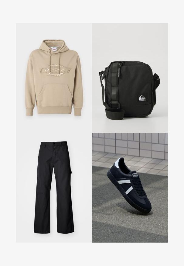 Beige hættetrøje med kængurulomme, snor i hætten og broderet "Dickies"-logo på forsiden. Blødt bomuldsstof, ribbede manchetter.; Svarte breddebenede bukser fremstillet af holdbart stof. Har en knaplukning og sidelommer. Glat tekstur med et enkelt design.; Sort lædersneaker med hvide striber, tekstureret gummisål og snørrebånd foran. Har et brandet mærke på tungen.; Kompakt sort crossbody taske med justerbar rem, frontlomme med lynlås og et lille hvidt Quiksilver logo-patch.