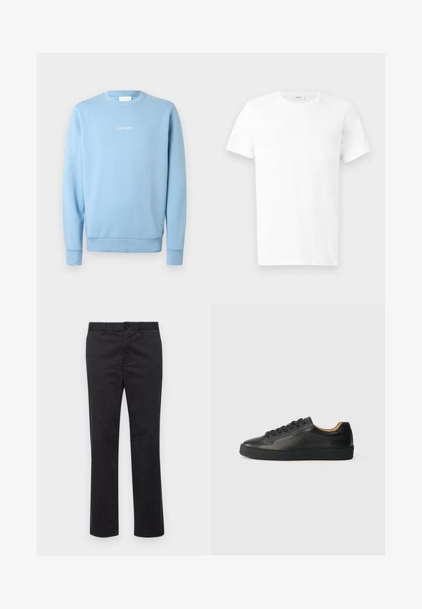 Sweat-shirt bleu clair en tissu doux, avec un col rond, des poignets côtelés et le texte "LES DEUX" en blanc sur la poitrine.; T-shirt en coton blanc uni à manches courtes avec col rond, présenté à plat sur un fond gris clair.; Pantalons en coton noir avec une coupe droite, dotés d'une fermeture à bouton et de passants de ceinture. Texture lisse, sans motifs ni accents visibles.; Baskets basses en cuir noir avec surface texturée, lacets noirs et semelle en caoutchouc épaisse, présentées de côté sur un fond clair.