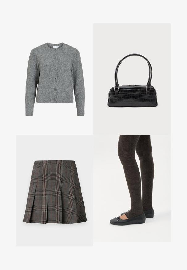 Grå uld cardigan med rund hals, lange ærmer og seks dekorative sølvfarvede knapper foran. Blød tekstur, minimalistisk design.; Gråternet nederdel med plisseringer, prydet med intrikate mønstre i sort og hvid, akkompagneret af tynde røde linjer. Fremstillet af et struktureret stof.; Ben iført mørke ribbede leggings kombineret med sorte balletsko med små sløjfedetaljer på hvid baggrund.; Sort krokodilleder-embossed taske med rektangulær form, kort rullet håndtag og lynlåslukning. Glat tekstur med blank finish.