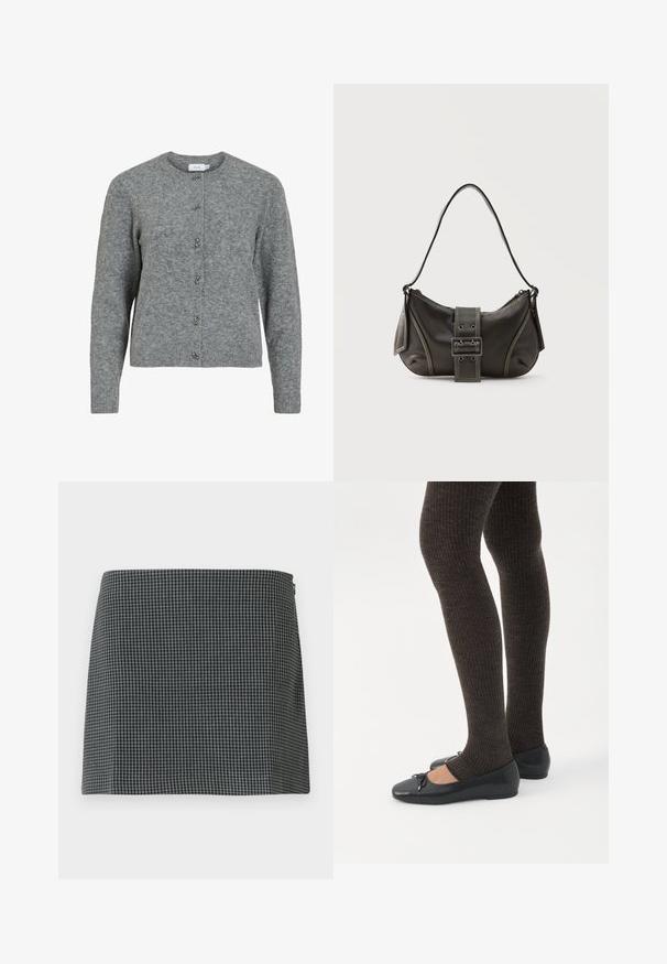 Grå uld cardigan med rund hals, lange ærmer og seks dekorative sølvfarvede knapper foran. Blød tekstur, minimalistisk design.; Sort-hvid ternet nederdel lavet af stof med en glat tekstur. Har en lige silhuet og lynlåslukning i siden.; Ben iført mørke ribbede leggings kombineret med sorte balletsko med små sløjfedetaljer på hvid baggrund.; Sort læder skuldertaske med spænde på remmen, afrundede kanter og kontrasterende hvide syninger på en ensfarvet baggrund.