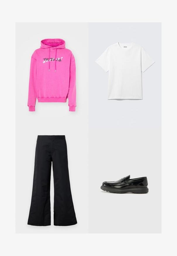 Sweat à capuche rose avec cordon de serrage, poignets côtelés et impression graphique sur le devant qui affiche "QUE SE PASSE-T-IL ?" en couleurs contrastées.; T-shirt blanc à manches courtes et col rond, étalé à plat, design uni, avec l'étiquette "WEEKDAY" à l'intérieur du col sur un fond clair.; Pantalon large noir en tissu lisse, avec des plis sur le devant et une taille. Design épuré sans motifs ni accents visibles.; Mocassin en cuir noir avec une finition brillante, bout arrondi, détails de couture subtils et semelle en caoutchouc épaisse pour la durabilité.