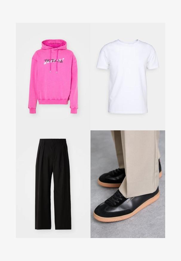 Sweat à capuche rose avec cordon de serrage, poignets côtelés et impression graphique sur le devant qui affiche "QUE SE PASSE-T-IL ?" en couleurs contrastées.; T-shirt blanc à manches courtes en tissu de coton avec un col rond. Design simple sans motifs ni accents. Texture lisse.; Pantalons larges noirs avec une texture lisse, dotés de deux plis avant, d'une fermeture à bouton et de poches latérales. Tissu durable.; Paul Smith COMO - Baskets basses - black