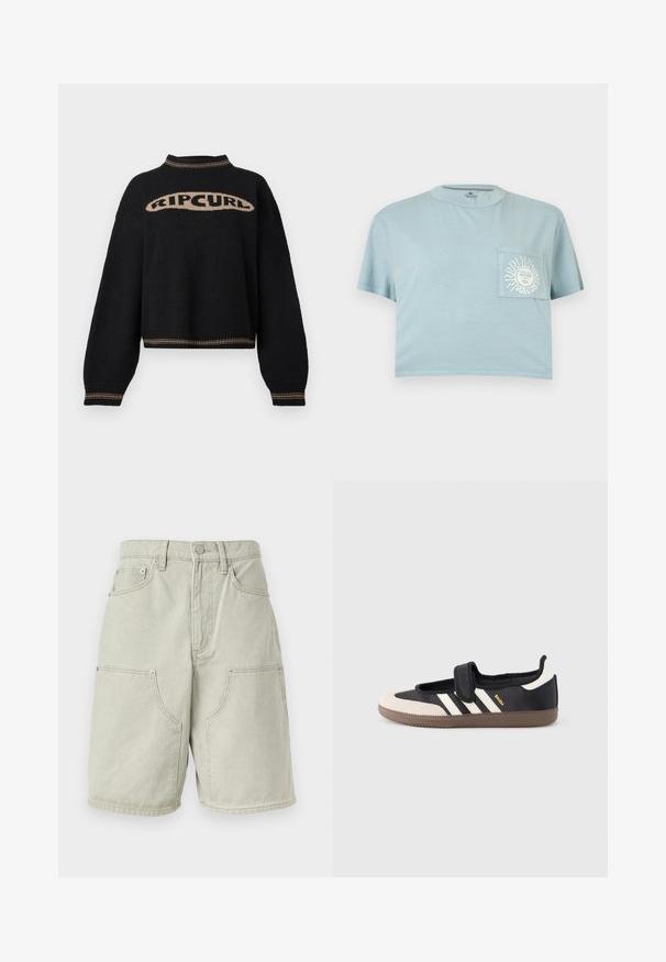 Pull en maille noire avec manches longues, logo beige « RIP CURL » sur la poitrine, et détails rayés beiges sur le col, les poignets et l'ourlet.; T-shirt bleu clair raccourci à manches courtes avec une poche poitrine ornée d'un graphique blanc représentant un soleil et un visage avec le texte "VOLCOM".; Shorts en denim gris clair avec bouton et fermeture éclair à l'avant, passants pour ceinture, deux poches plaquées avant et poches latérales, style longueur genou.; Baskets noires et beiges avec une bride en velcro, trois bandes blanches sur le côté, et une semelle en caoutchouc marron texturée. Logo de la marque visible.