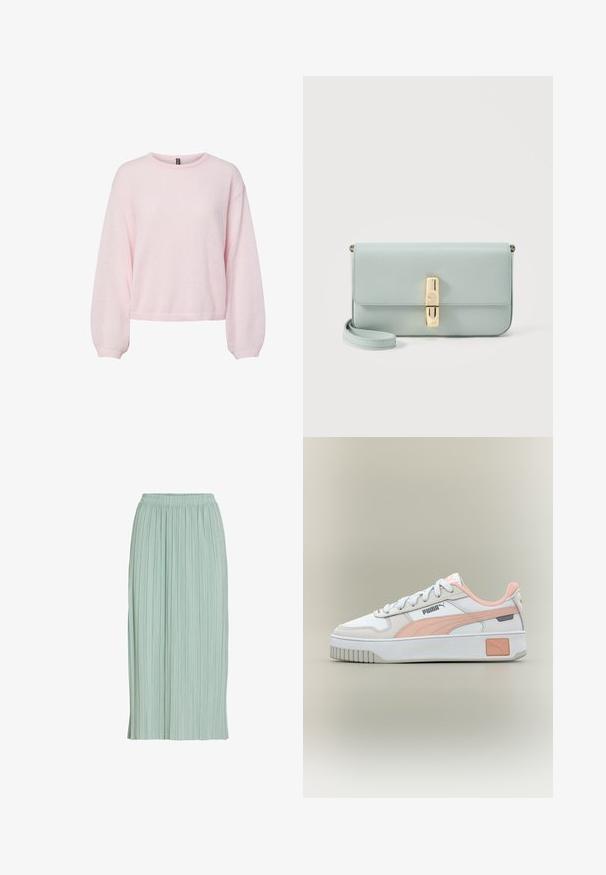 Svetloružový pletený sveter s dlhými balónovými rukávmi, rebrovanými manžetami, okrúhlym výstrihom a mierne skráteným lemom.; Svetlozelená plisovaná midi sukňa s elastickým pásom, rovný strih a ľahká látka.; Biele a svetloružové tenisky Puma s bielymi šnúrkami, hrubou podrážkou a logom Puma na boku a päte.; Svetlomodrá kožená listová kabelka so zlatým obdĺžnikovým zapínaním a odnímateľným remienkom na zápästie na bielom pozadí.