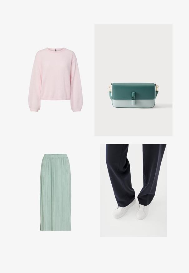 Suéter de punto rosa claro con mangas largas abullonadas, puños acanalados, cuello redondo y dobladillo ligeramente corto.; Falda midi plisada de color verde claro con cintura elástica, corte recto y tejido ligero.; Zapatillas blancas con suelas de goma texturizadas y cordones planos, combinadas con pantalones azul marino oscuro que muestran una tela suelta, suave y un corte a medida.; Bolso de mano rectangular bicolor verde de cuero con cierre de solapa, hebilla frontal y correa de hombro desmontable con cierres dorados.