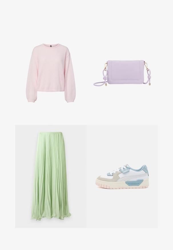 Lichtroze gebreide trui met lange ballonmouwen, geribbelde manchetten, ronde halslijn en licht cropped zoom.; Lichtgroene geplooide lange rok van lichte stof met elastische tailleband, weergegeven tegen een witte achtergrond.; Sneakers met een witte leren bovenkant, lichtblauwe accenten, beige suède panelen en een gestructureerde roze rubberen zool; geborduurd logo aan de zijkant.; Paarse neplederen schoudertas met gouden hardware, voorvak en geknoopt banddetail. Glad oppervlak en rechthoekige vorm.