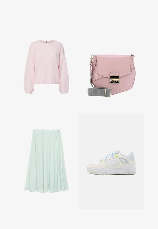 Lichtroze gebreide trui met lange ballonmouwen, geribbelde manchetten, ronde halslijn en licht cropped zoom.; Lichtblauwe geplooide midirok met tailleband en verborgen zijrits, vloeiende stof met zachte verticale plooien.; Witte sneaker met lichtblauwe en neon groene accenten. Gemaakt van glad leer en mesh, met een gevoerde kraag en gestructureerde zool.; Roze leren crossbodytasje met een klep sluiting, zilveren hardware en een grijze schouderband met de merknaam. Glad materiaal, minimalistisch ontwerp.