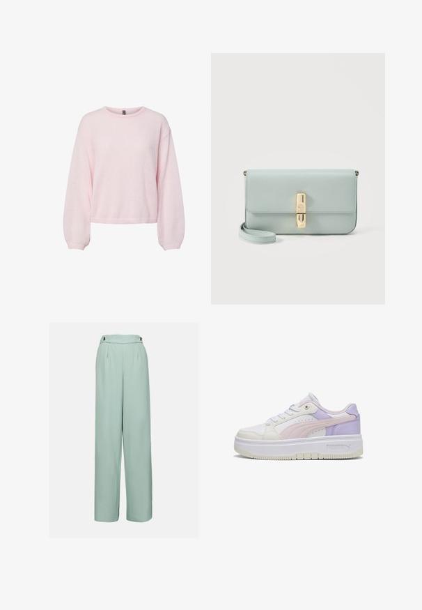 Lichtroze gebreide trui met lange ballonmouwen, geribbelde manchetten, ronde halslijn en licht cropped zoom.; Lichtgroene wijde broek van soepel materiaal, met een hoge taille, plooien en decoratieve knopen op de tailleband.; Witte sneaker met pastelroze en paarse panelen, dikke witte zool, Puma-logo aan de zijkant en witte veters, van opzij getoond op een effen achtergrond.; Lichtblauwe leren clutch met goudkleurige rechthoekige sluiting en afneembare polsband op een witte achtergrond.