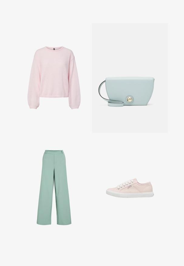 Suéter de punto rosa claro con mangas largas abullonadas, puños acanalados, cuello redondo y dobladillo ligeramente corto.; Pantalones de pierna ancha en verde menta, con tela suave, cintura elástica, bolsillos delanteros falsos y diseño entallado para un ajuste relajado.; ONLY SHOES Zapatillas - silver pink; Bolso de cuero azul claro con forma de media luna, que presenta un botón redondo dorado decorativo y una correa delgada. Textura suave, diseño minimalista.