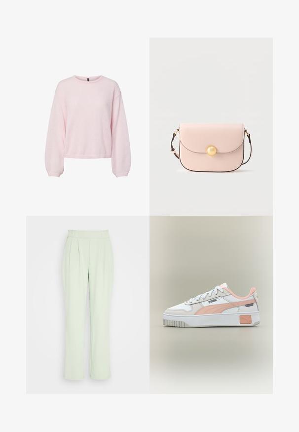 Pull tricoté rose clair avec manches ballon longues, poignets côtelés, encolure ronde et ourlet légèrement raccourci.; VILA VIFEBA PANTS - Pantalon classique - desert sage; Baskets Puma blanches et rose clair avec des lacets blancs, une semelle épaisse et le logo Puma sur le côté et le talon.; Sac bandoulière en cuir rose clair avec un rabat arrondi, une fermeture à bouton doré et une fine bandoulière réglable. Texture lisse.