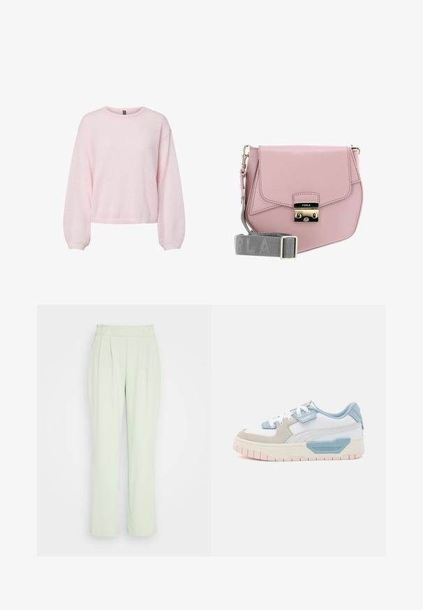 Suéter de punto rosa claro con mangas largas abullonadas, puños acanalados, cuello redondo y dobladillo ligeramente corto.; VILA VIFEBA PANTS - Pantalones - desert sage; Zapatillas con una parte superior de cuero blanco, acentos en azul claro, paneles de ante beige y una suela de goma texturizada en rosa; logo bordado en el costado.; Bolso cruzado de cuero rosa con cierre de solapa, hardware plateado y una correa gris con el nombre de la marca. Textura suave, diseño minimalista.