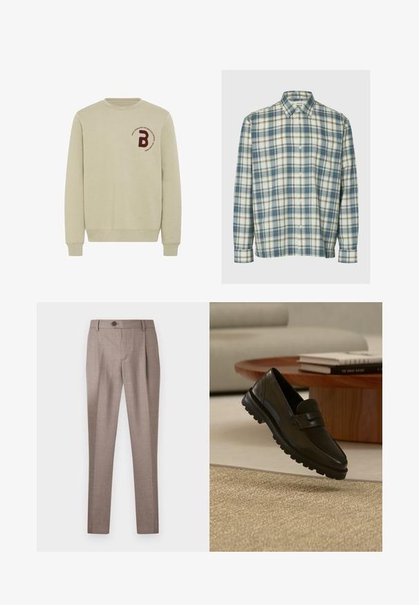 Beige sweatshirt med rund halsudskæring, lange ærmer og ribbede manchetter. Har et bordureret marsal- rødt bogstav 'B' og en cirkulær tekstdetalje.; Langærmet skjorte med knapper med blå, hvide og beige tern og en brystlomme, vist på en ensfarvet baggrund.; Lysebrune skræddersyede bukser med knap- og lynlås lukning, bæltestropper og lige pasform mod en hvid baggrund.; Sort læderloafer med kraftig slidstærk sål, der svæver over et tekstureret beige tæppe, et rundt træ-sofabord og stablede bøger i baggrunden.